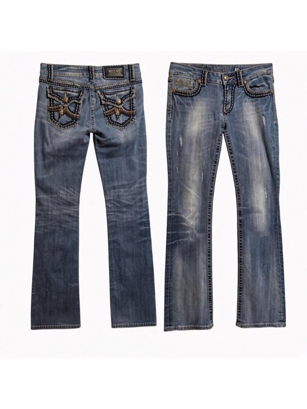 Miss Me Distressed Bootcut Jeans Womens 29 Thick Stitch Y2K Medium Wash Stains